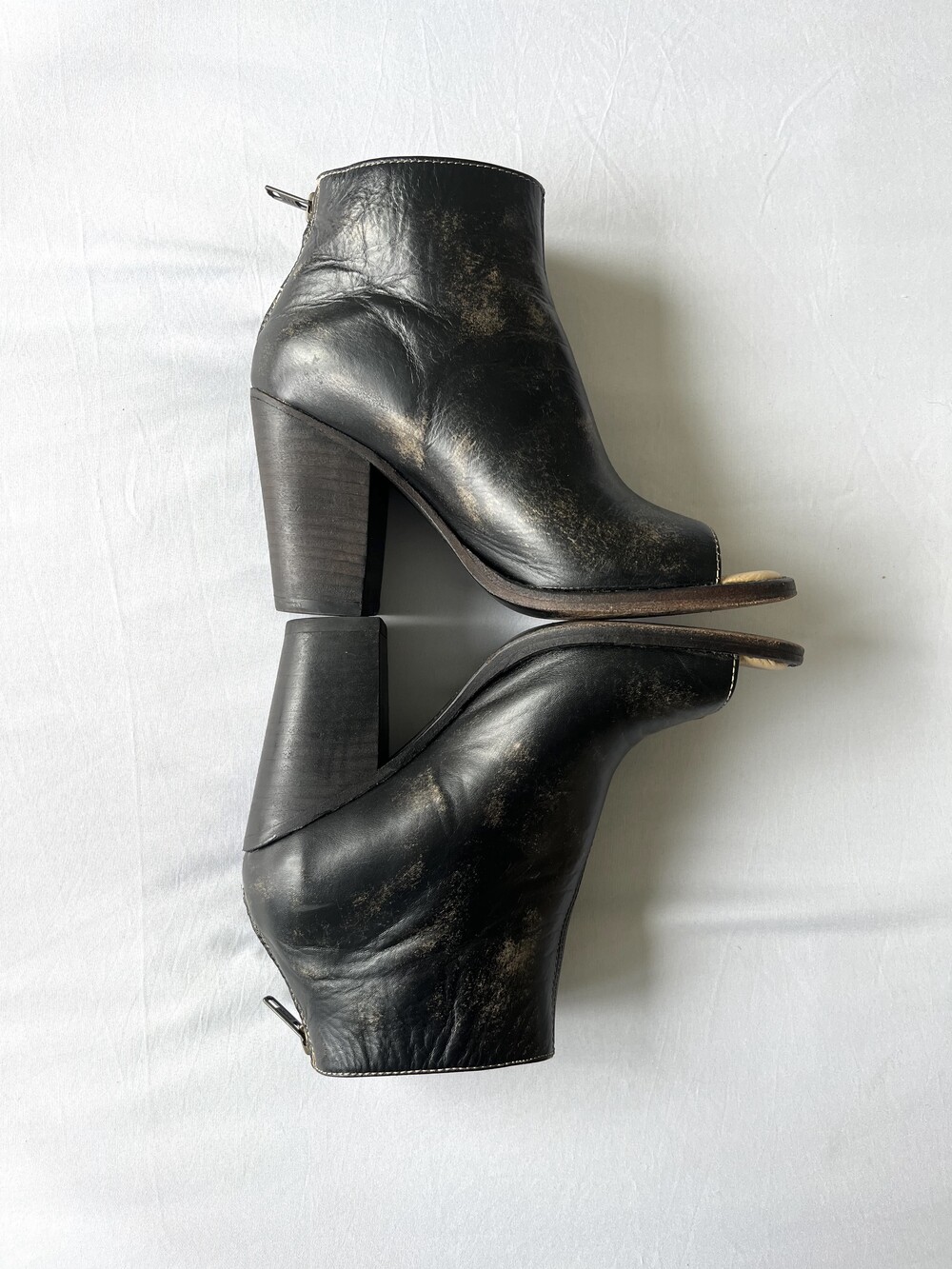 Bed Stu Distressed Black Leather Peep Toe Booties Stacked Heel - Size 6.5